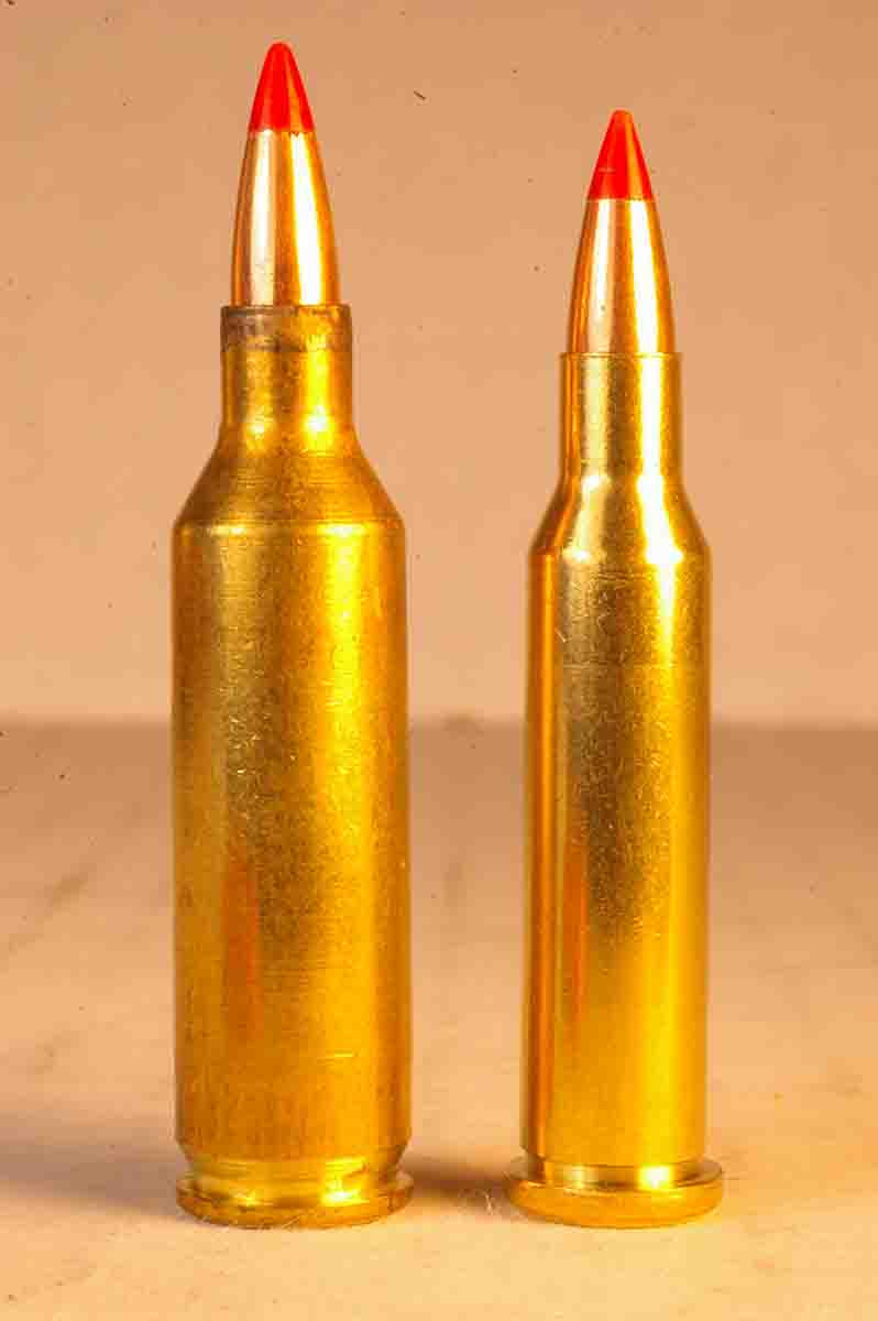 The .17 Hornet (left) looks like a larger version of the .17 Hornady Magnum Rimfire (right). The .17 Hornet will become a very popular cartridge if it garners even a small percentage of the .17 rimfire’s popularity.